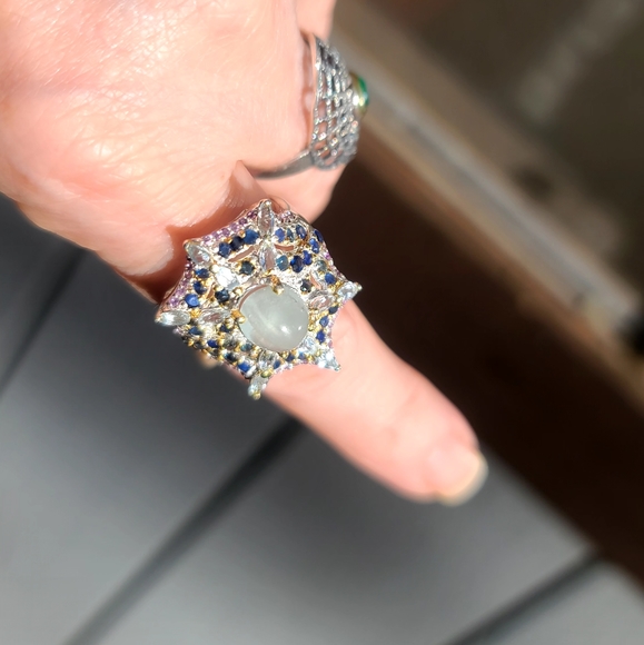 INCREDIBLE Aquamarine Sapphire & Amethyst Sterling Spiderweb 🕸 ring sz8.5 - Picture 9 of 13